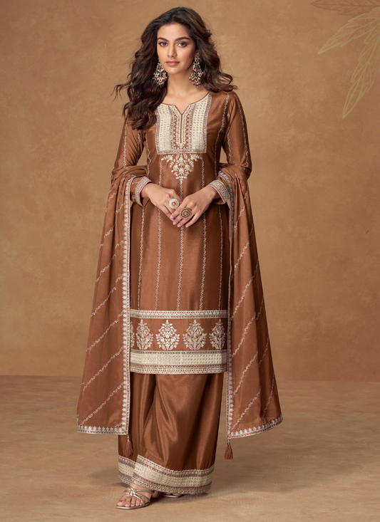 Party Wear Brown Chinon Embroidered Plazzo Suit
