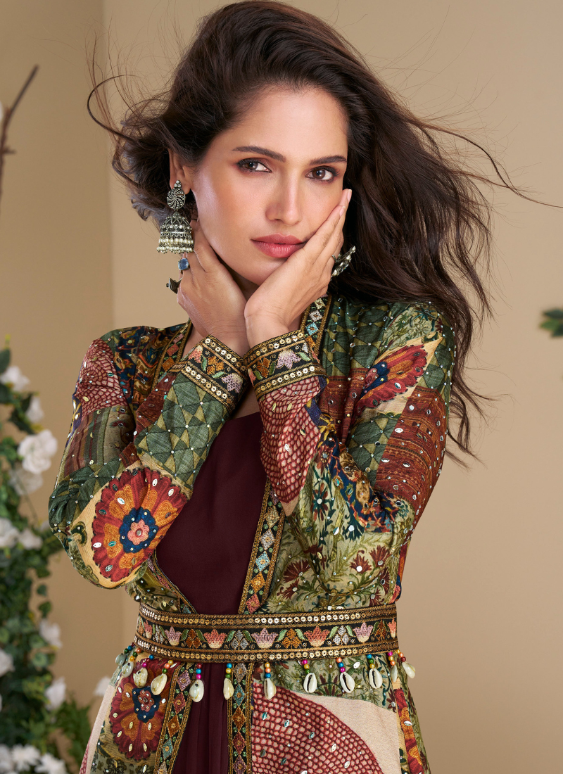 Designer Deep Wine Georgette Anarkali Gown with Multicolor Long Shrug