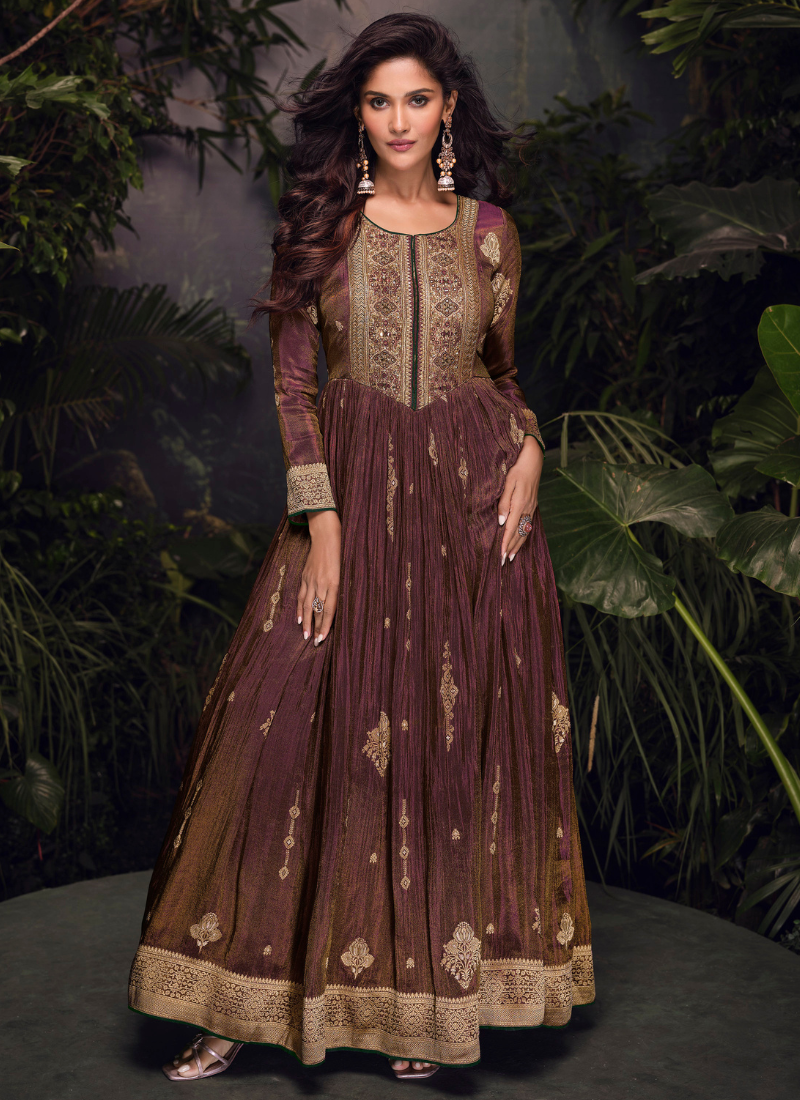 Shop online Maroon Jacquard Silk Embroidered Anarkali Gown with Dupatta