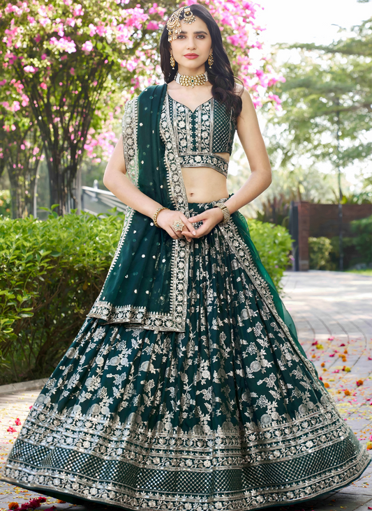 Green Dola Silk Designer Lehenga Choli with Mirror Work – Ideal for Bridesmaids & Festive Events