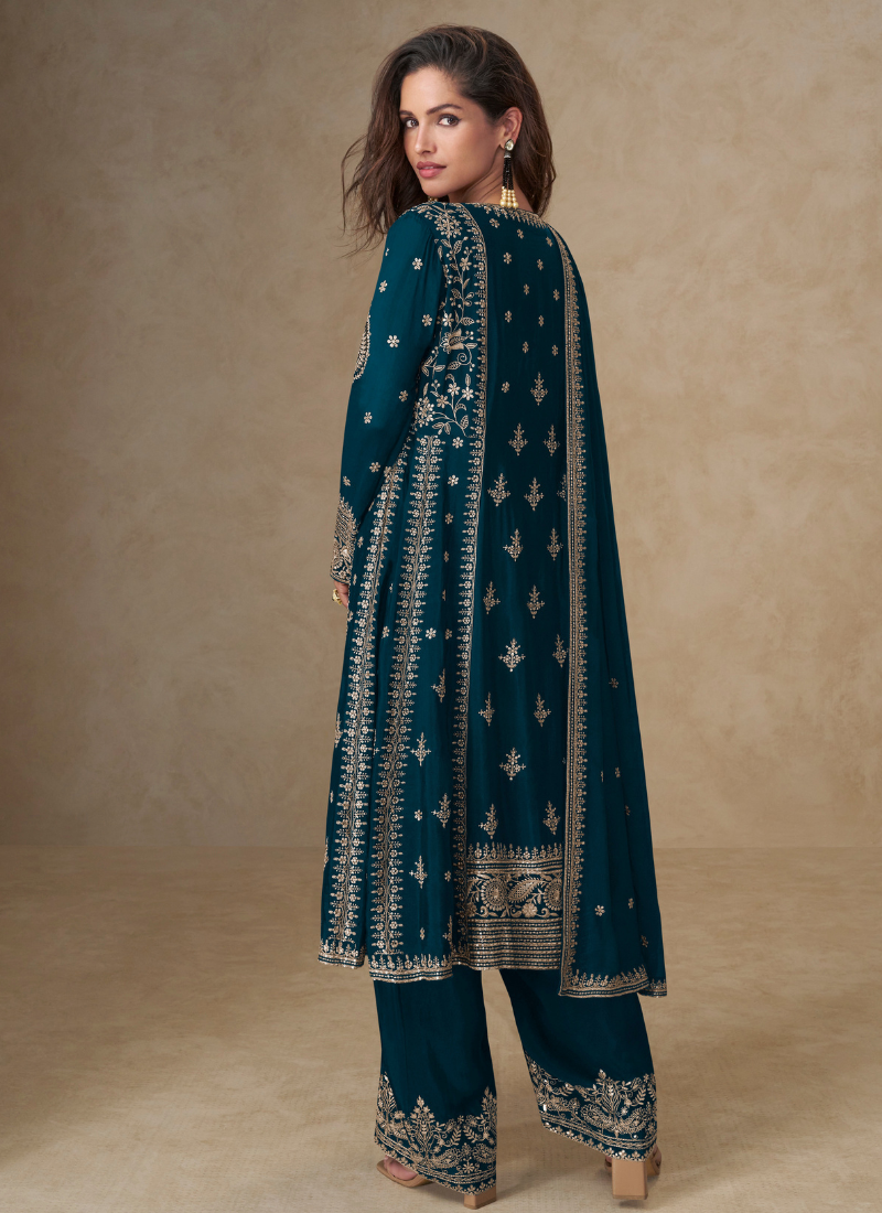 Teal Blue Chinon Silk Palazzo Suit with Dupatta for Indian and Pakistani Party Wear