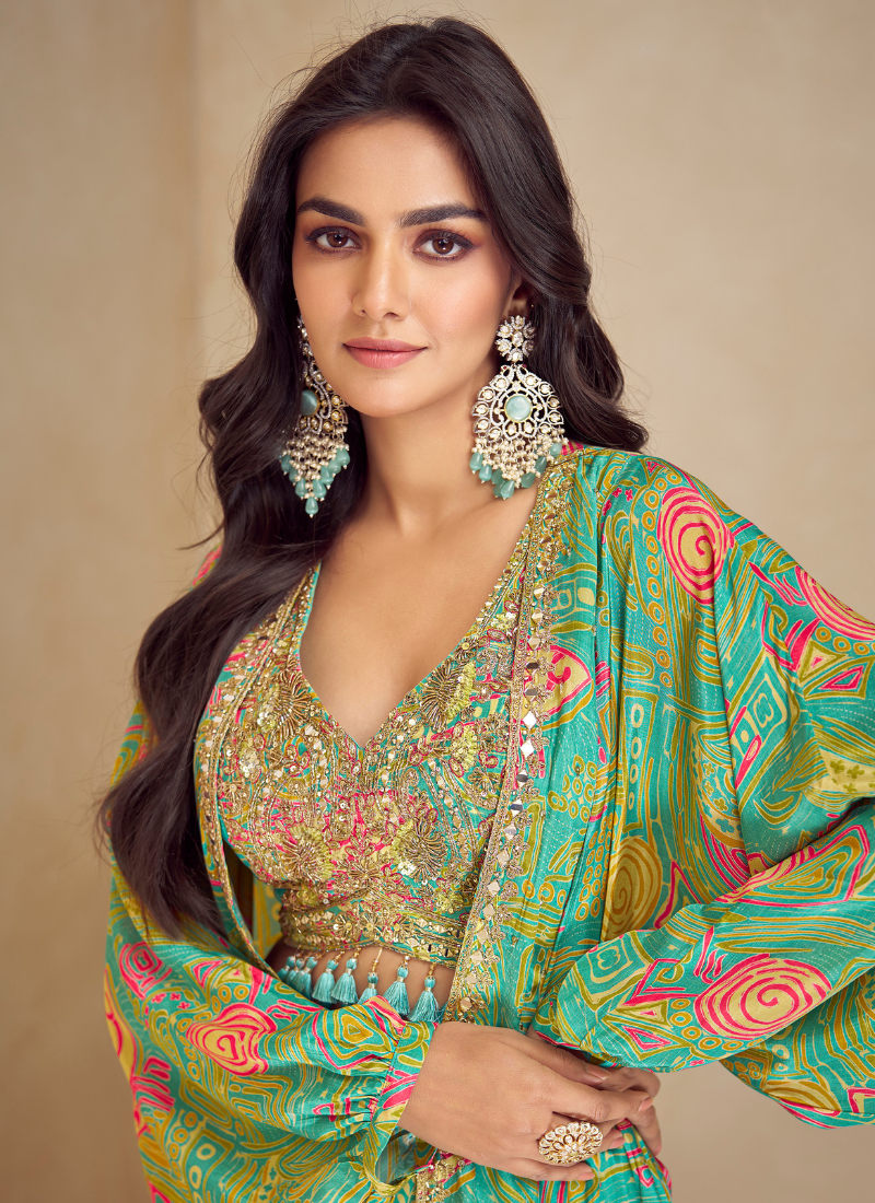 Parrot Green Chinon Silk Cape Style Palazzo Set with Designer Shrug