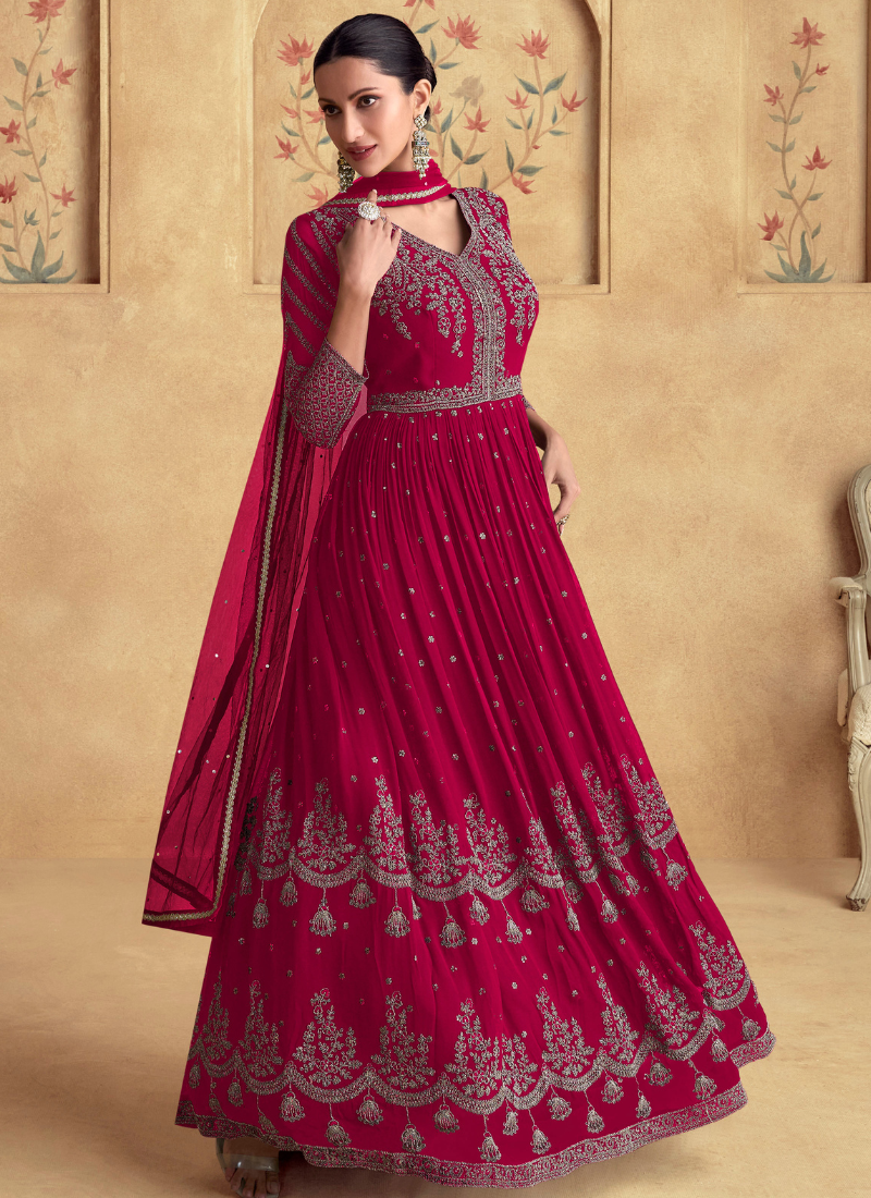 Buy Red Georgette Embroidered Anarkali Suit with Dupatta