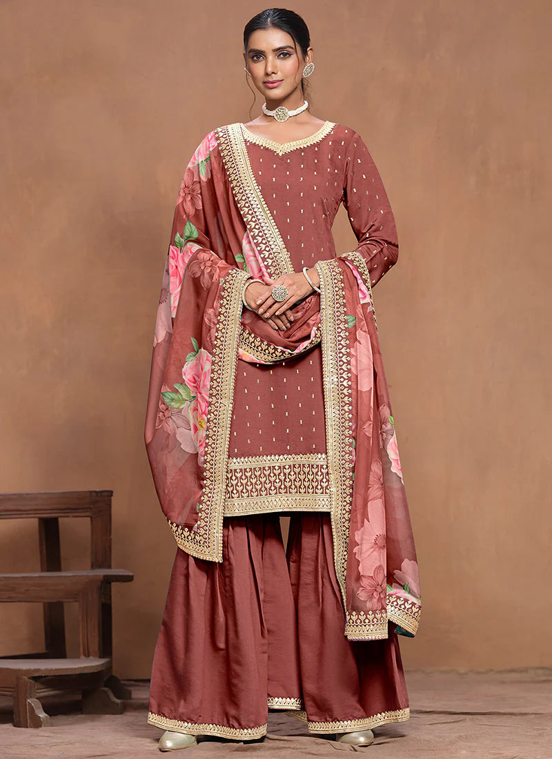 Luxury Brown Silk Gharara Suit with Embroidery