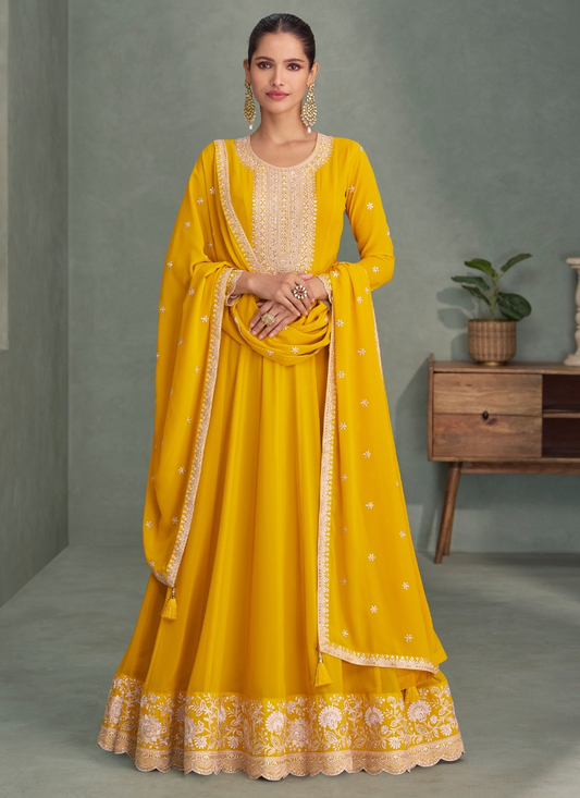 Yellow Georgette Anarkali Suit with Dupatta for Indian Festival and Pakistani Wedding