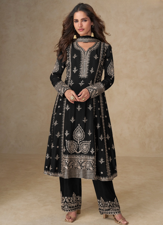 Black Chinon Silk Palazzo Suit with Dupatta for Indian and Pakistani Party Wear