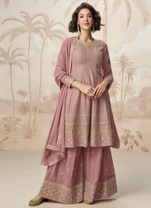 Dusty Rose Georgette Long Sleeves Sharara Suit with Dupatta for Party Wear