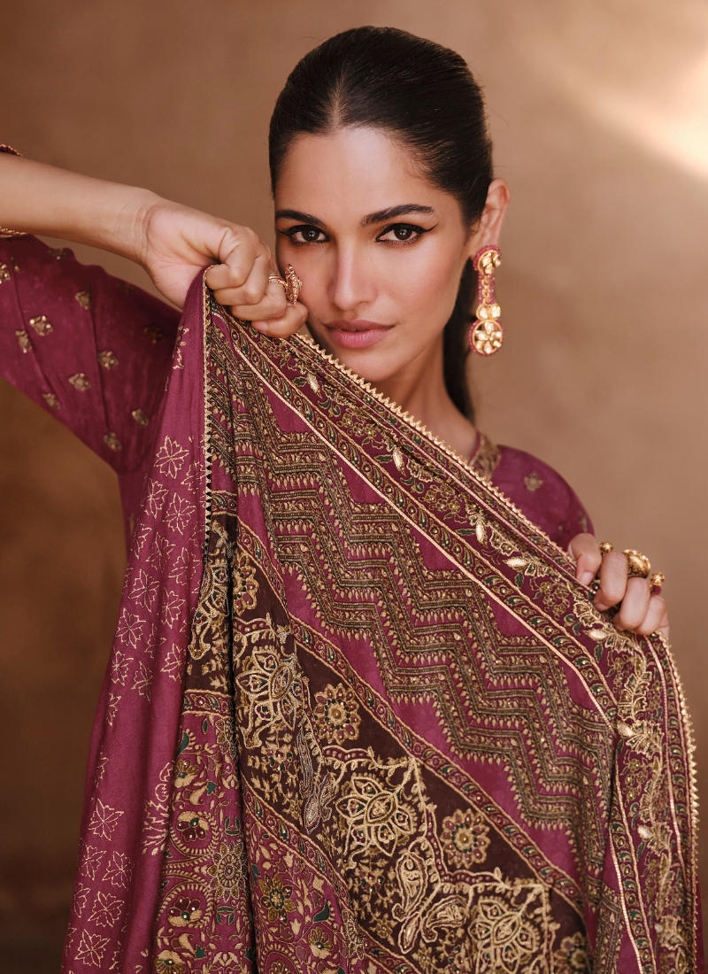 Shop Now Designer Wine Crepe Silk Embroidered Sharara Suit with Dupatta for Pakistani Weddings and Indian Festivals