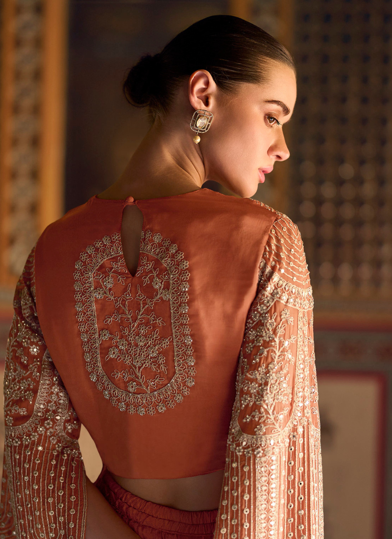 Buy Now Online Orange Silk Embroidered Cape Style Plazzo Suit for Indian Festivals and Pakistani Weddings in USA, UK, Canada, Germany