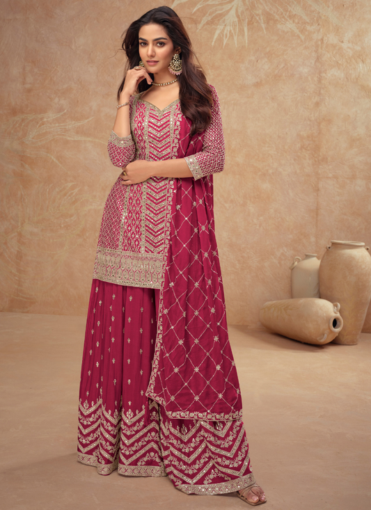 Designer Magenta Chinnon Sharara Suit with Dupatta for Pakistani Weddings and Indian Festivals – Embroidery Work