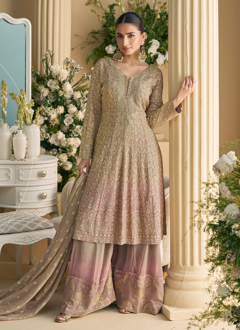 Beige and Mauve Georgette Embroidered Long Sleeves Anarkali Plazzo Suit with Dupatta