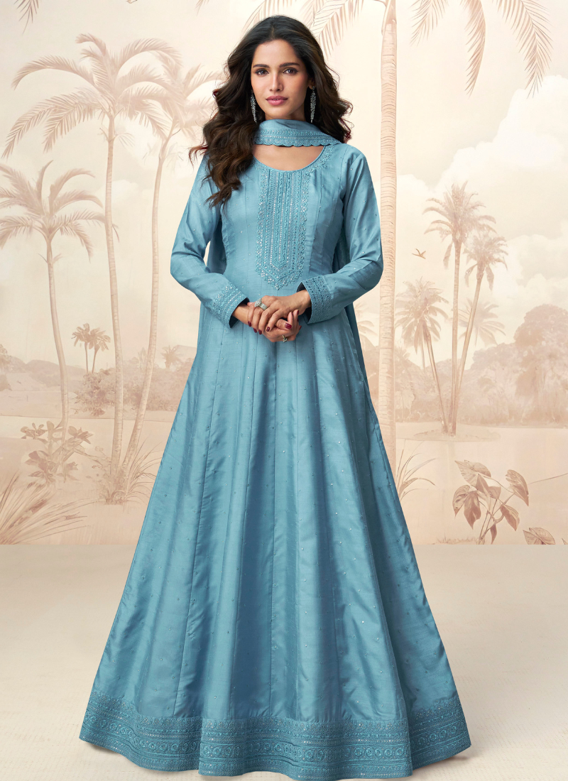 Sky Blue Long Sleeve Silk Anarkali Gown with Dupatta for Indian Wedding Pakistani Festival