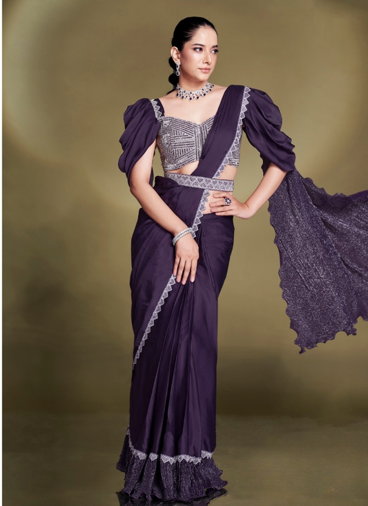 Party Wear Pre Stitched Purple Satin Silk Saree With Designer Blouse