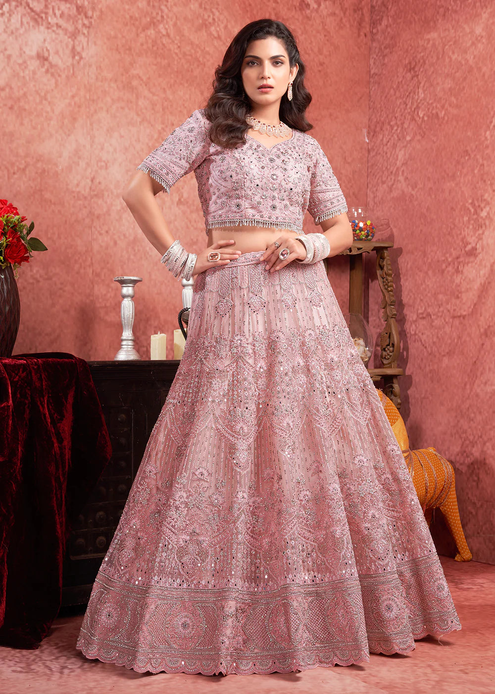 Premium Pink Bridal Lehenga with Heavy Zarkan Embroidery
