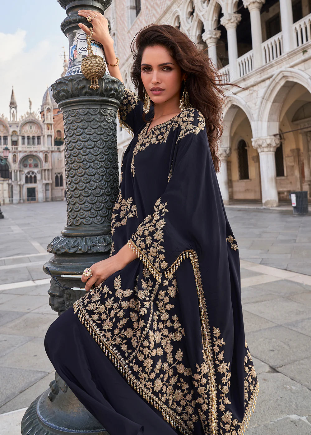 Designer Blue Crepe Silk Indo-Western Embroidered Shrug with Palazzo