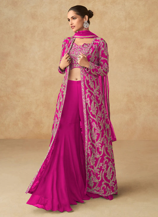 Buy online Designer Pink Georgette Embroidered Plazzo Suit with Long Jacket