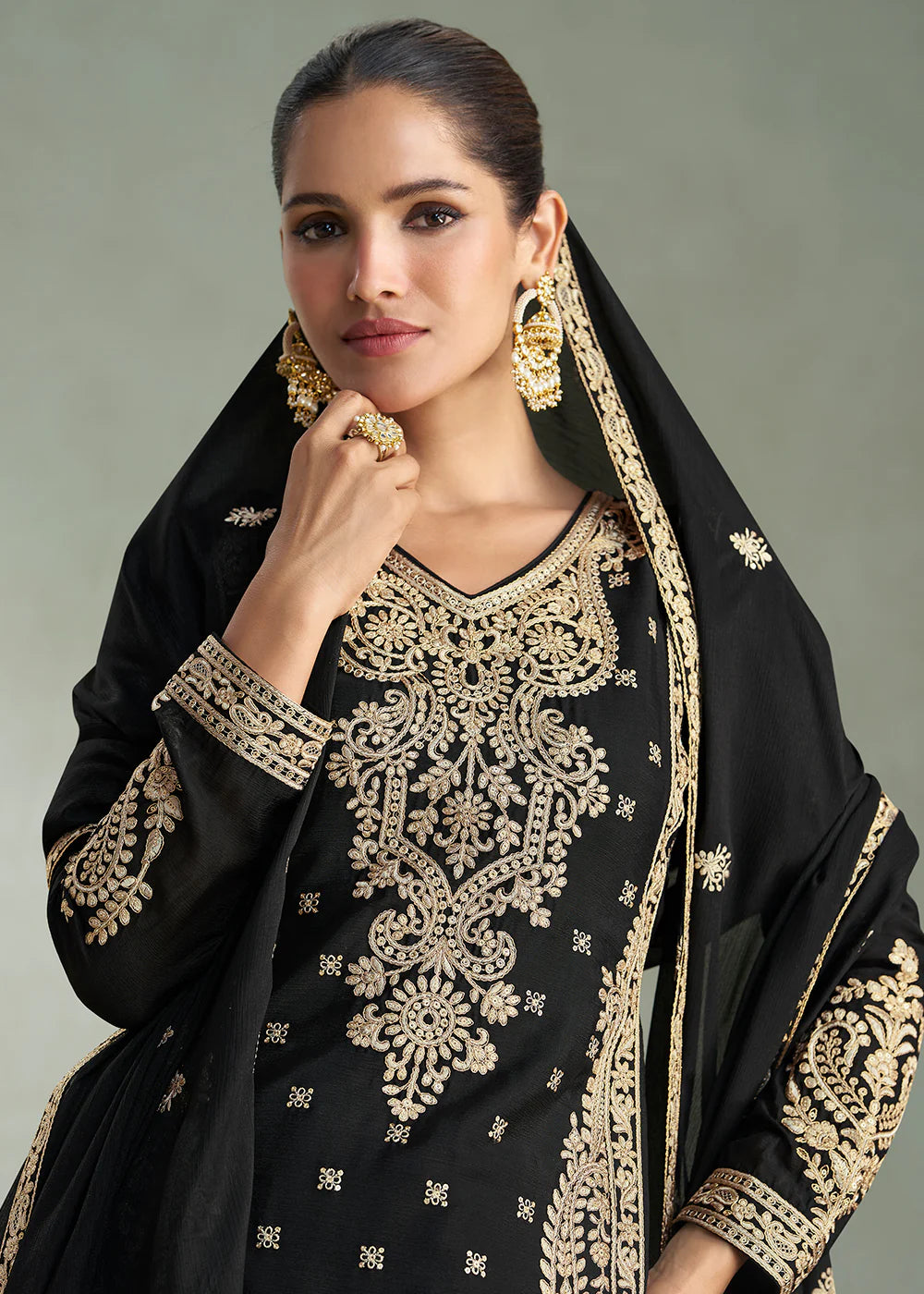 Black Chinon Silk Embroidered Palazzo Suit For Indian Wedding and Pakistani Festival