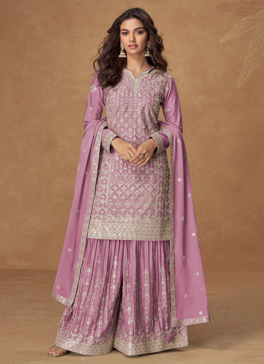 ORCHID PINK CHINON SILK SHARARA SUIT WITH DUPATTA FOR INDIAN FESTIVAL AND PAKISTANI WEDDING – THREAD AND ZARI EMBROIDERY