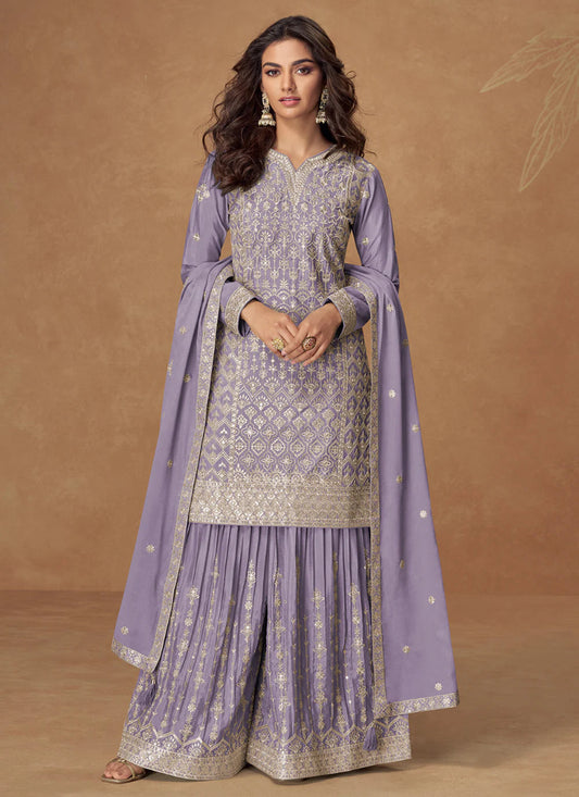 LAVENDER CHINON SILK SHARARA SUIT WITH DUPATTA FOR INDIAN FESTIVAL AND WEDDING – THREAD AND ZARI EMBROIDERY