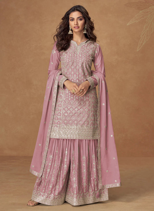 PINK CHINON SILK SHARARA SUIT WITH DUPATTA FOR INDIAN FESTIVAL AND WEDDING – THREAD AND ZARI EMBROIDERY