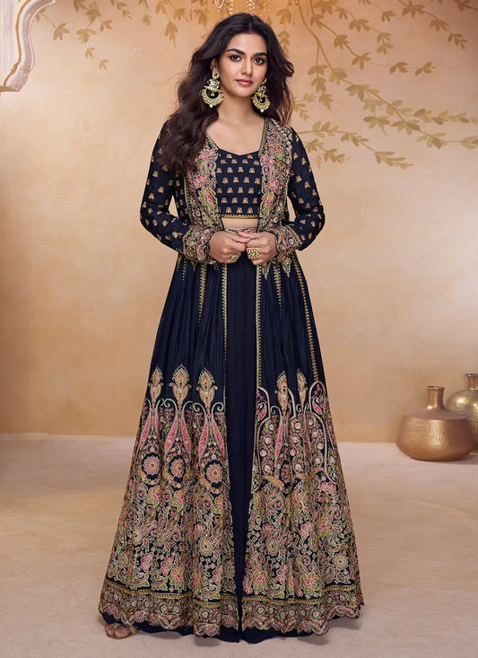 Navy Blue Georgette Lehenga Choli with Embroidered Jacket For Indian Festive & Wedding Wear