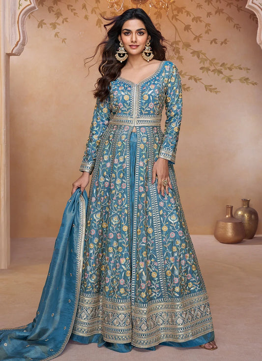 Party Wear Teal Blue Simar Silk Anarkali Suit with Dupatta