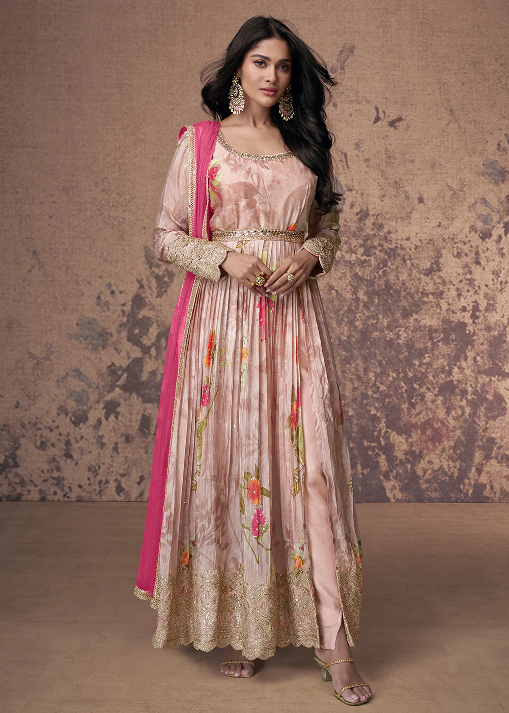 Pink Anarkali Suit with Digital Prints and Zari Detailing
