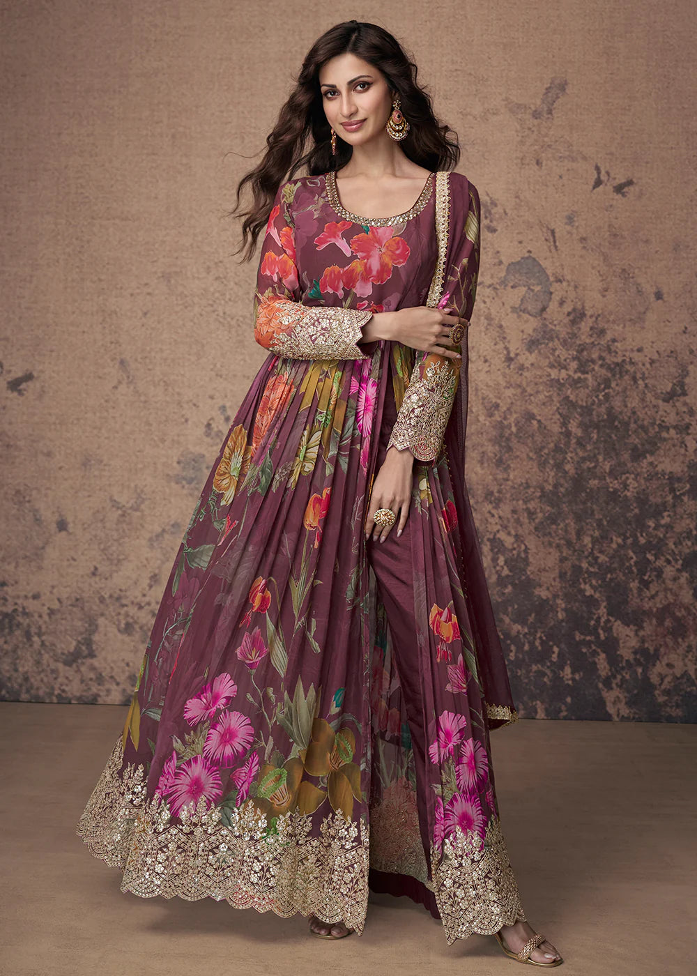 Wine Anarkali Suit with Digital Prints and Zari Detailing