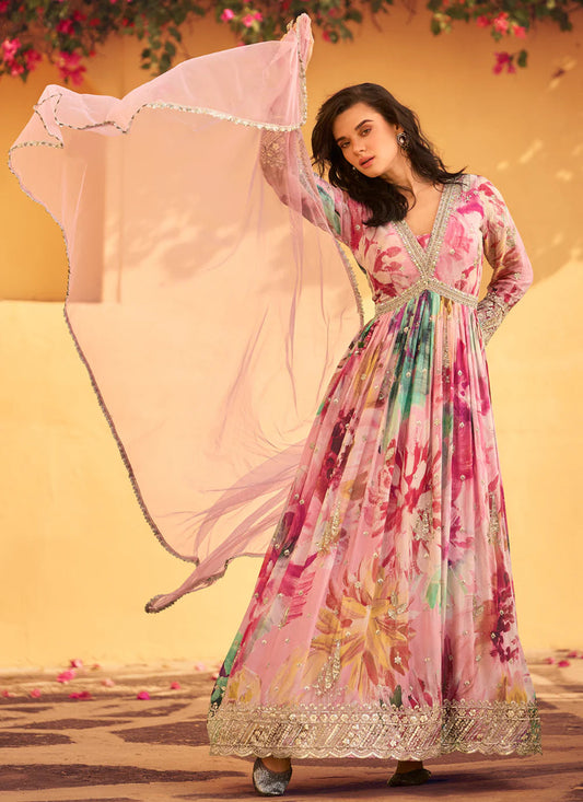 Buy Pink Chinnon Silk Anarkali Gown with Dupatta – Perfect for Indian and Pakistani Weddings and Festivals