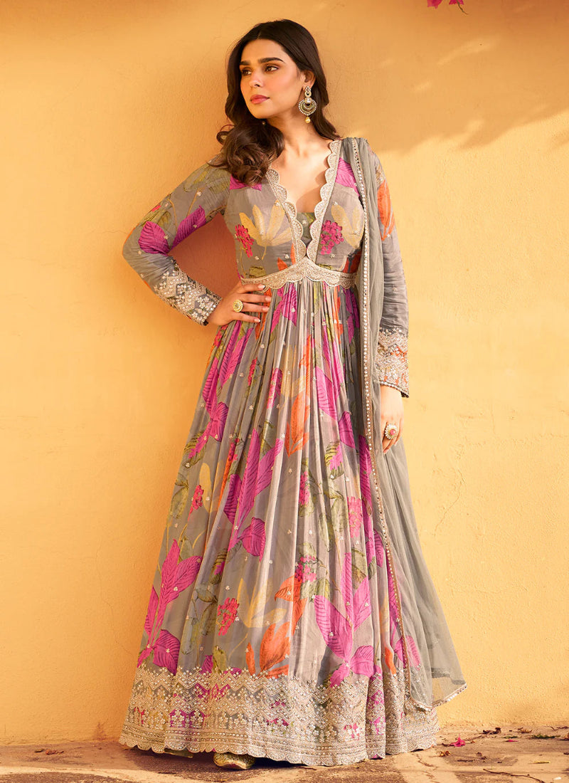 Buy Grey Chinnon Silk Anarkali Gown with Dupatta – Perfect for Indian and Pakistani Weddings and Festivals
