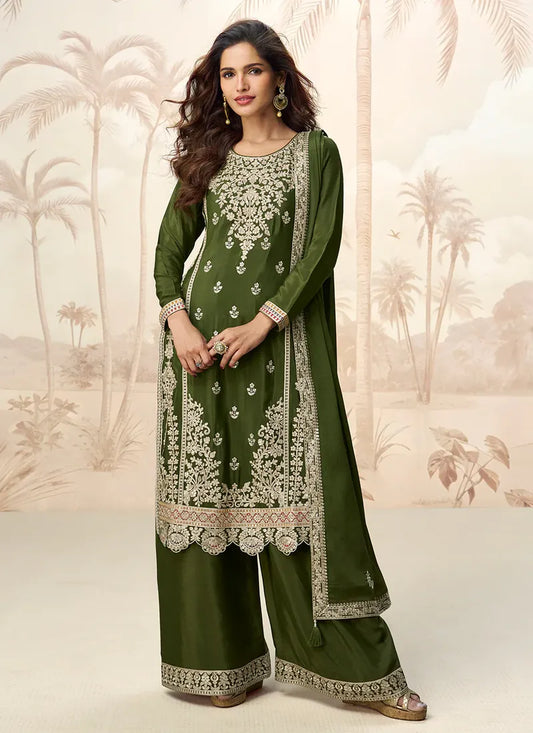 Olive Green Chinnon Silk Palazzo Suit with Zari Embroidery for Punjabi Festive & Wedding Wear