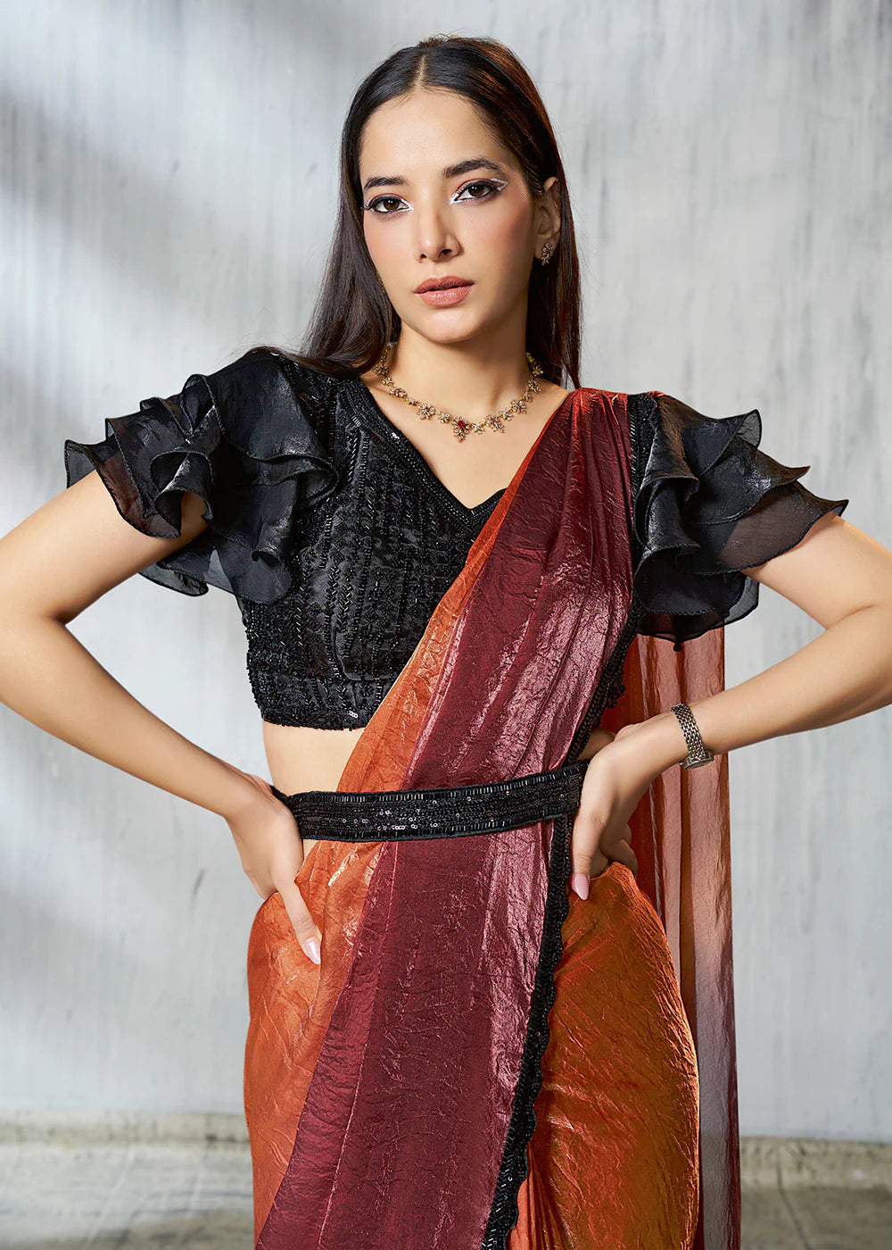 Party Wear Burnt Orange & Wine Silk Satin Ready-to-Wear Pre-Stitched Saree