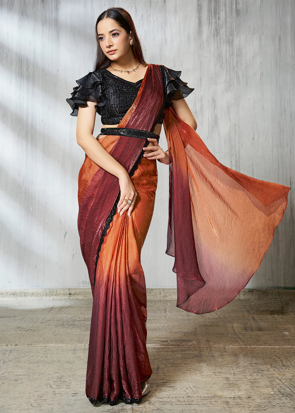 Party Wear Burnt Orange & Wine Silk Satin Ready-to-Wear Pre-Stitched Saree