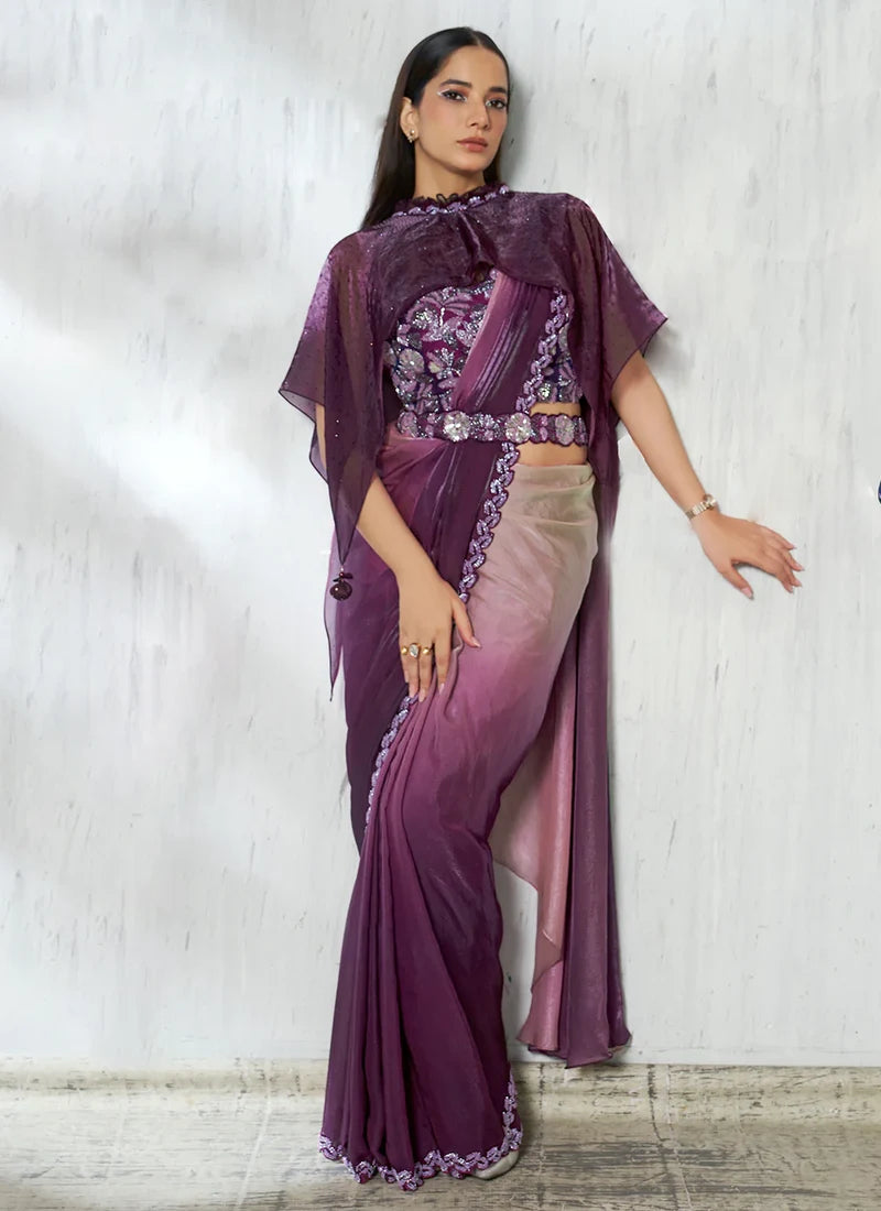 Party Wear Purple & Lavender Silk Satin Ready-to-Wear Pre-Stitched Saree