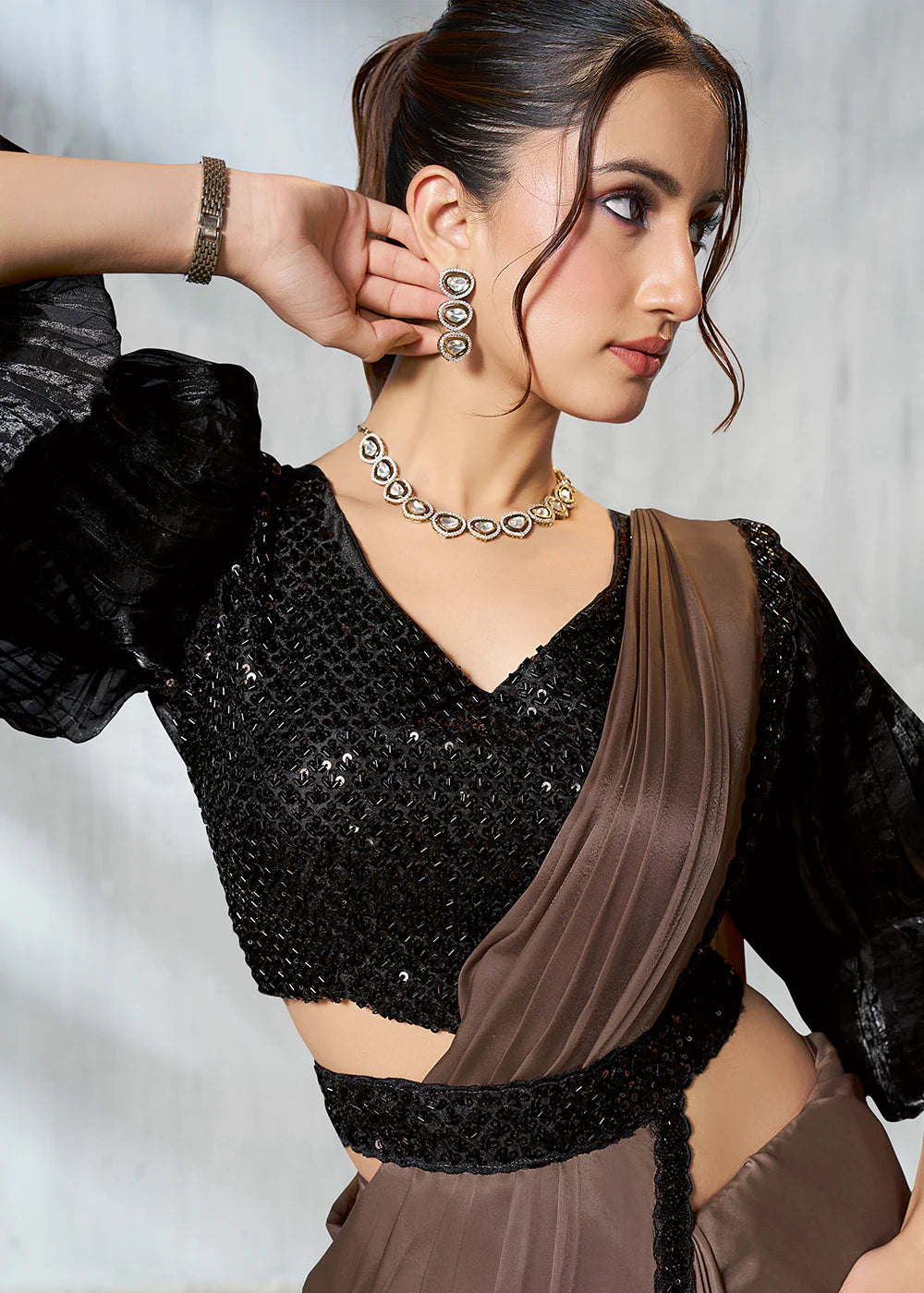 Party Wear Mocha Brown & Black Silk Satin Ready-to-Wear Pre-Stitched Saree