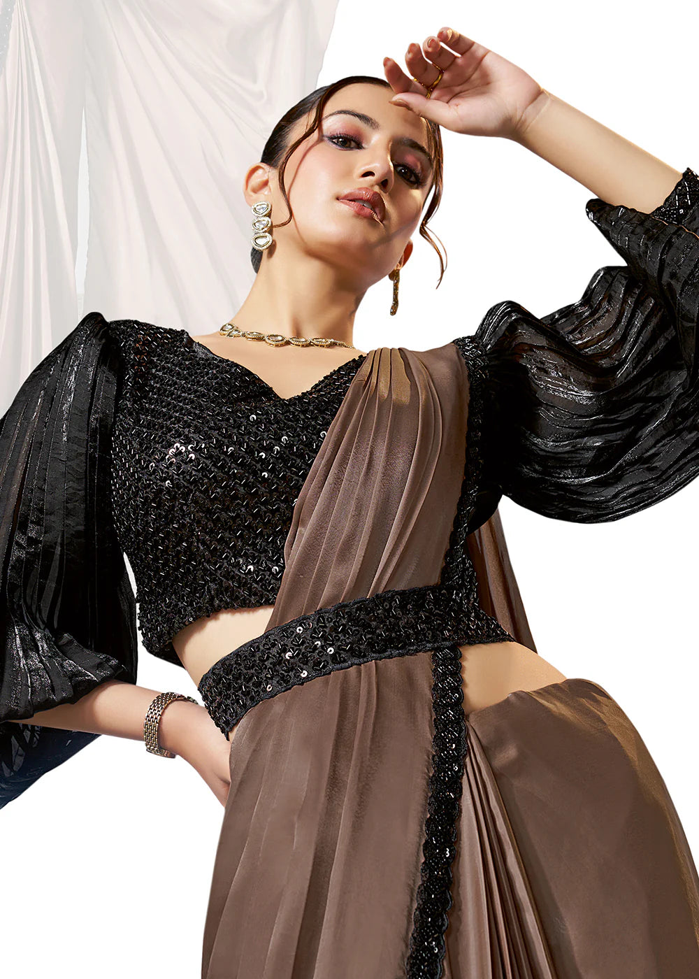 Party Wear Mocha Brown & Black Silk Satin Ready-to-Wear Pre-Stitched Saree