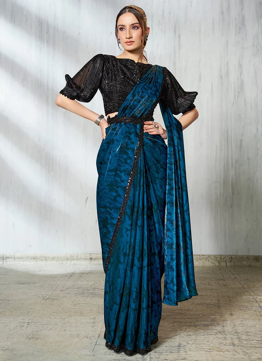 Designer Teal Blue Silk Satin Ready-to-Wear Pre-Stitched Saree with Black Blouse