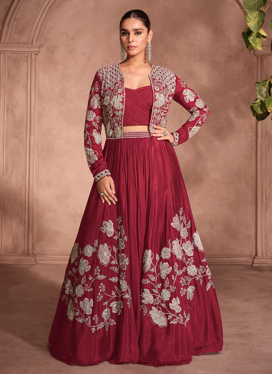 Designer Maroon Chinnon Silk Jacket Style Lehenga Choli For Indian Wedding