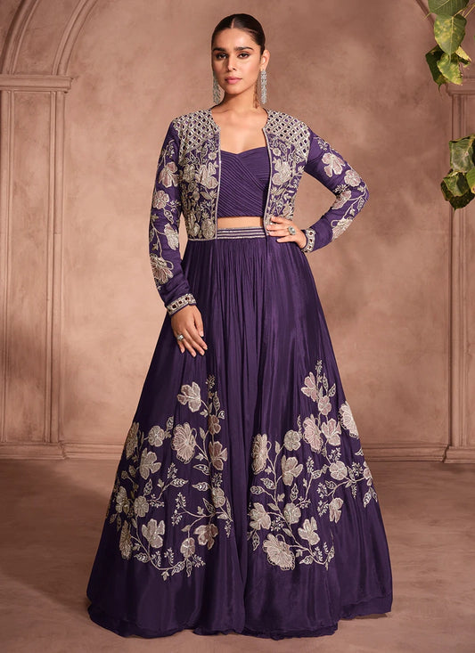Designer Purple Chinnon Silk Jacket Style Lehenga Choli For Indian Wedding