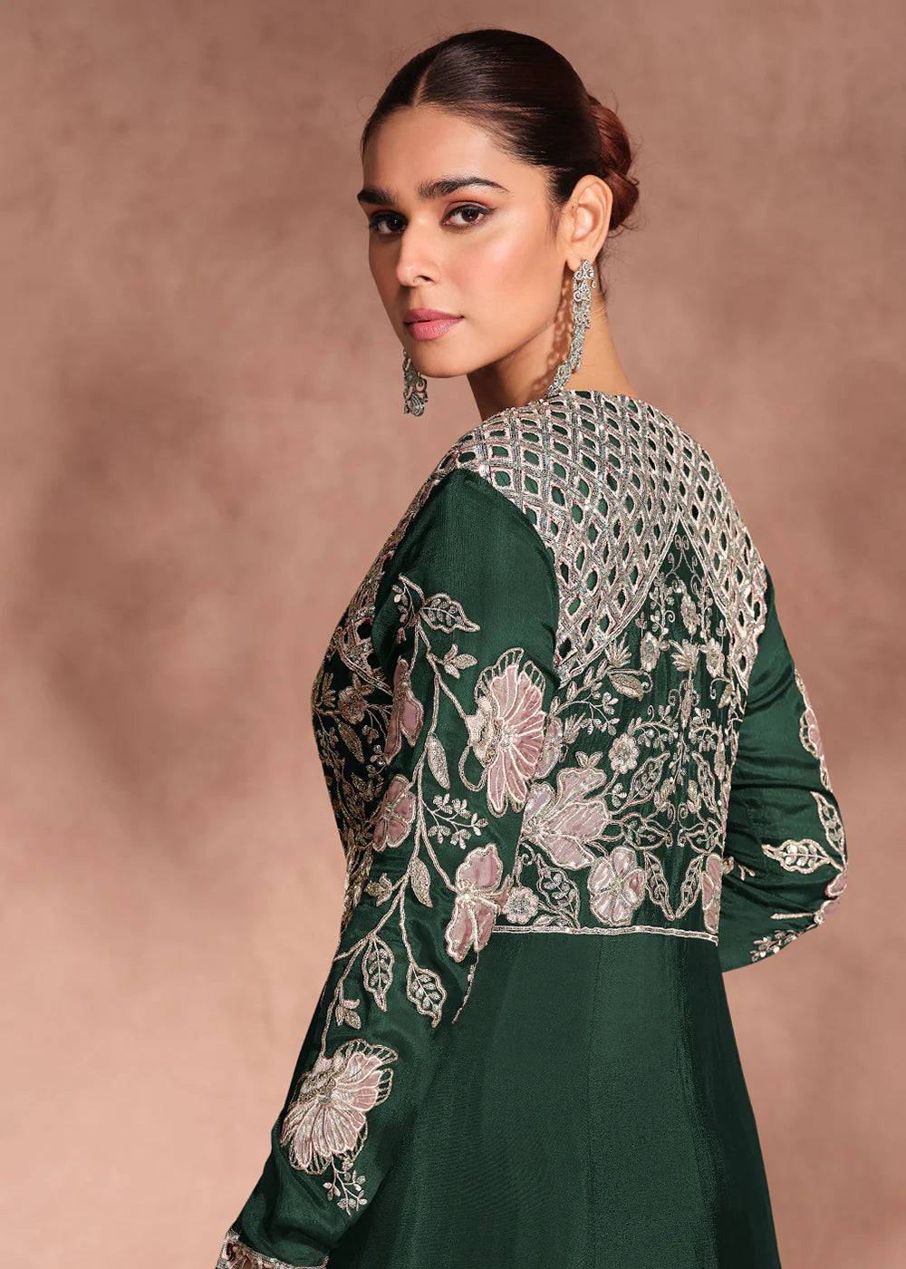 Designer Green Chinnon Silk Jacket Style Lehenga Choli For Indian Wedding