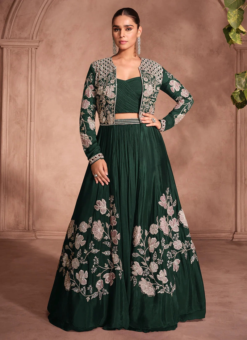 Designer Green Chinnon Silk Jacket Style Lehenga Choli For Indian Wedding
