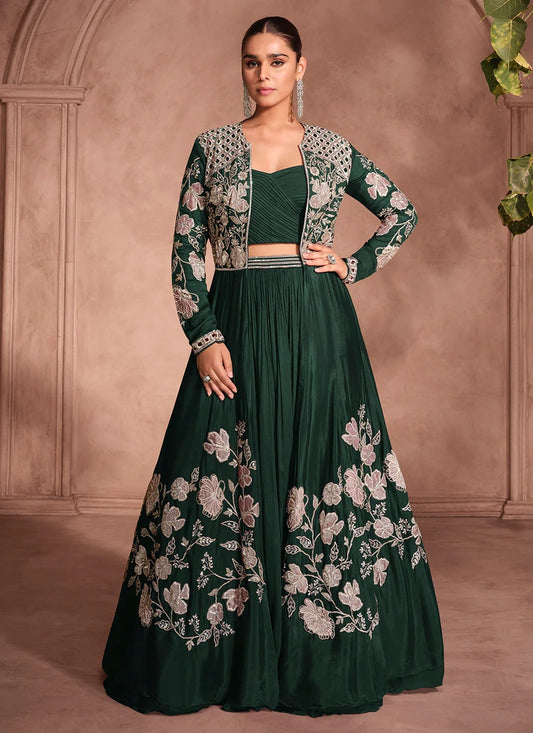 Designer Green Chinnon Silk Jacket Style Lehenga Choli For Indian Wedding
