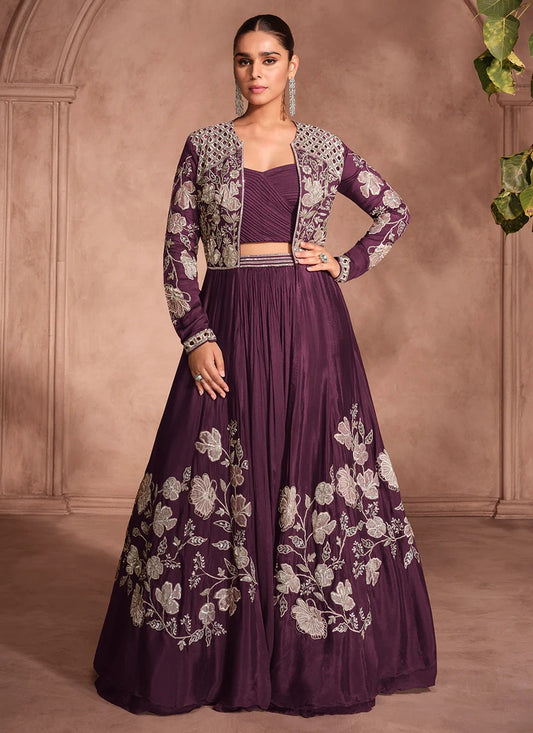 Designer Wine Chinnon Silk Jacket Style Lehenga Choli For Indian Wedding