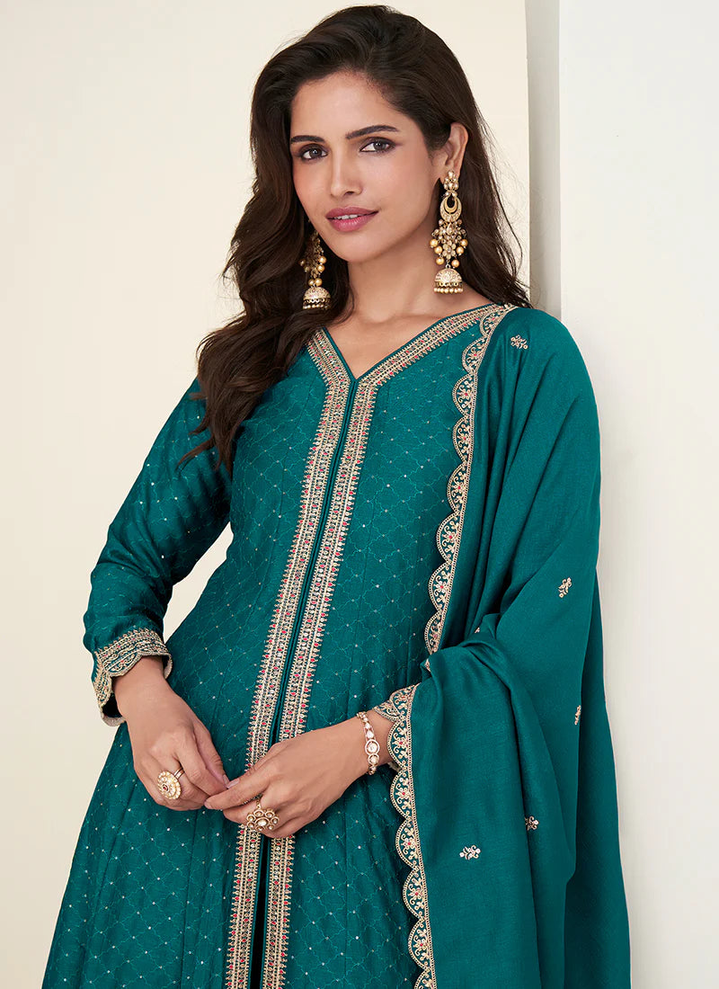 Designer Teal Silk Anarkali Suit with Dupatta For Indian Wedding