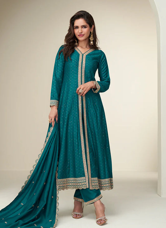 Designer Teal Silk Anarkali Suit with Dupatta For Indian Wedding