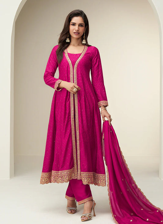 Designer Rani Pink Silk Anarkali Suit with Dupatta For Pakistani Festival