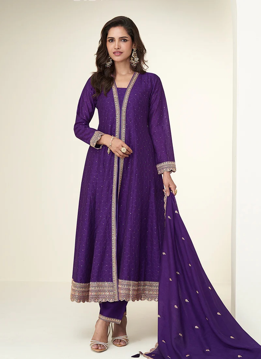 Purple Silk Anarkali Suit with Dupatta for Punjabi Wedding