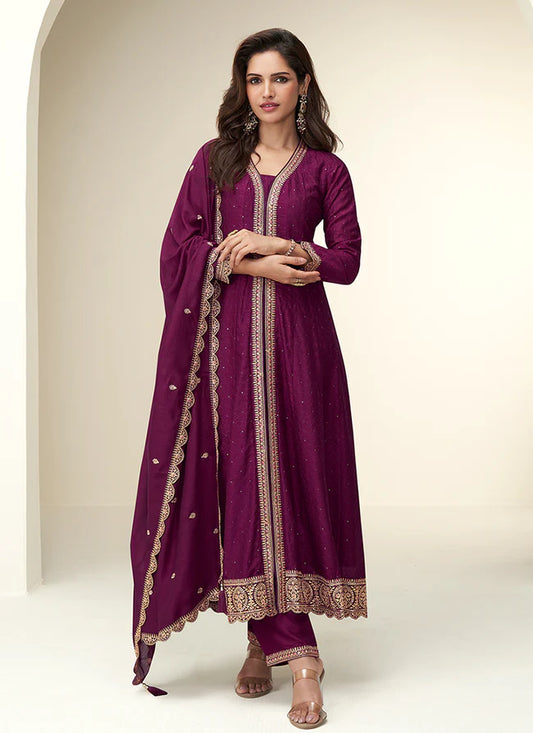 Wine Silk Anarkali Suit with Dupatta For Diwali Celebration