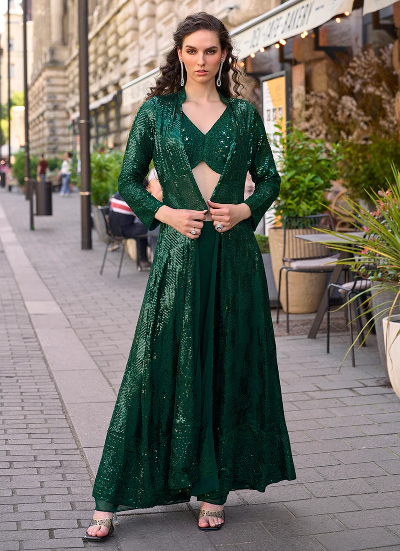 Georgette Emerald Green Party Wear Embroidery Work Readymade Indowestern Suit XL