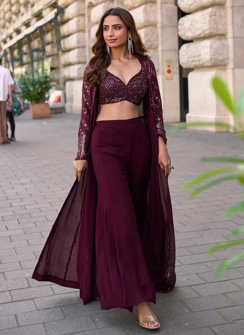 Designer Wine Jacket & Crop Top Indo Western Suit – Modern Party Look
